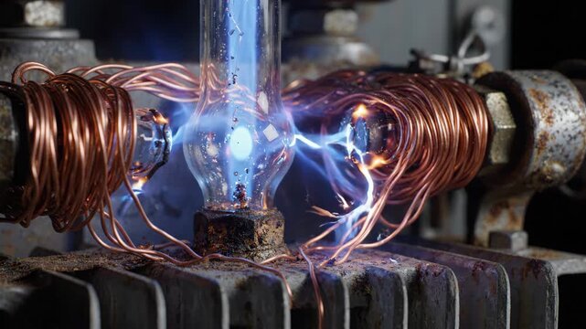 Electric arc between copper wire coils on old transformer with glowing blue plasma and sparks showing energy power in industrial setting