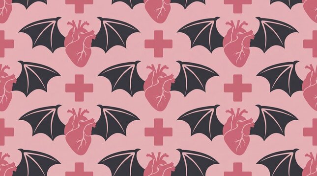 Halloween pastel goth seamless pattern featuring winged anatomical hearts and crosses