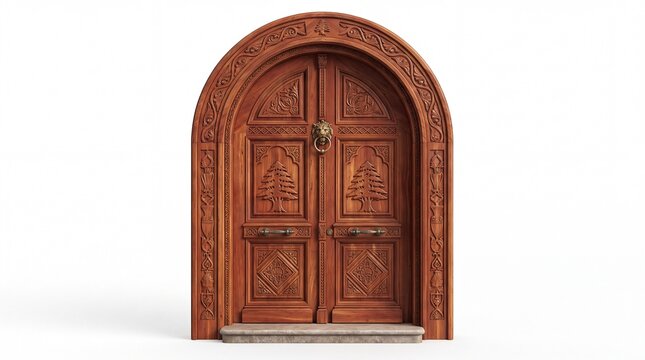 Ornate Wooden Arched Double Door with Detailed Carvings and Brass Lion Head Knocker Isolated on White Background