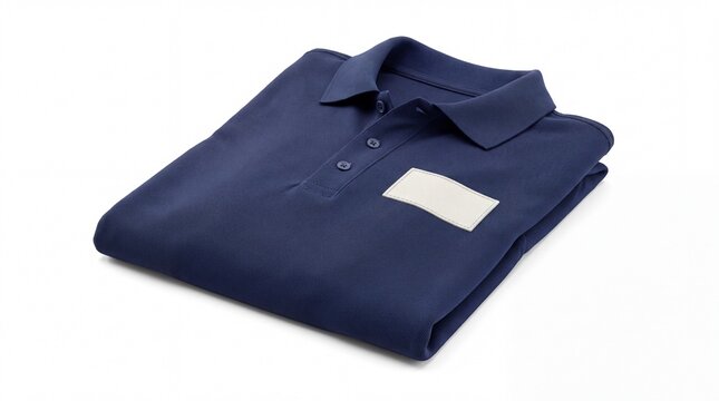 Folded Navy Blue Polo Shirt with Blank Rectangular Patch Isolated on White Background for Professional Apparel Branding Mockup