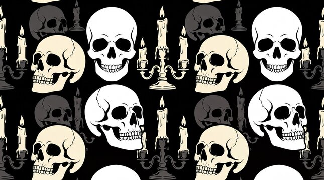 Halloween seamless pattern featuring skulls and vintage candelabras on black
