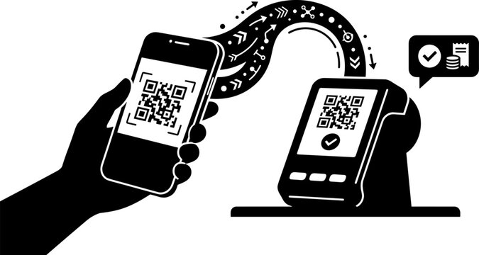 Mobile QR code payment transaction with smartphone scanning POS terminal reader and instant verification vector