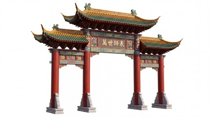 Fototapeta premium Traditional Chinese Architecture Ornate Wooden Pailou Gate Isolated on White Background