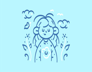 Fototapeta premium line art illustration of a girl feeling calm and safe. concept of mental health, awareness, mind, memory, and psychology. girl's day. design elements, clip art, doodle symbols, blue background