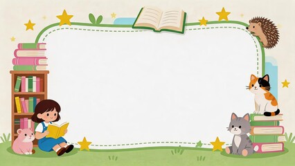 Fototapeta premium Cute Cartoon Animals and Children Reading Books in a Whimsical Library Frame