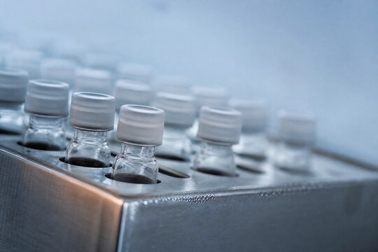 Array of Glass Vials on Metallic Lab Tray