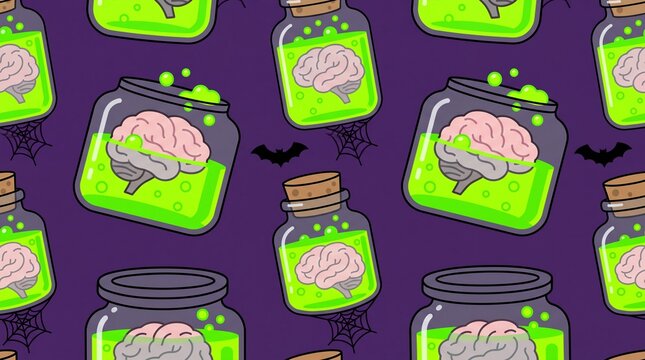 Halloween seamless pattern with spooky brains in bubbling green potion jars