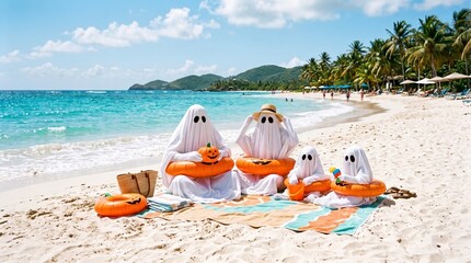 Naklejka premium A playful ghost family dressed for Halloween is relaxing on a sunny beach. Concept Halloween fun, family bonding, unique holiday celebration, spooky and humorous themes. Generative AI.