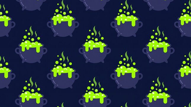 Halloween seamless pattern with witch cauldron and bubbling green magic potion