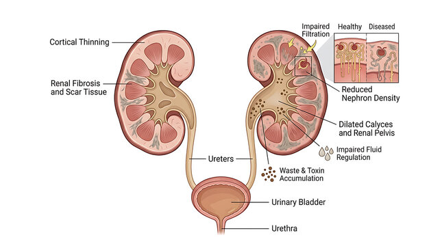 Medical anatomical illustration of human kidneys comparing healthy and diseased states in the urinary system