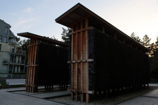 Świnoujście, Poland. Brine graduation towers. A structure made of wood and blackthorn branches