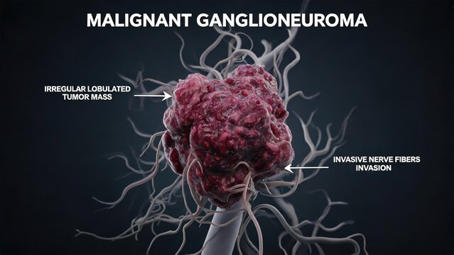 Labeled 3D medical illustration of malignant ganglioneuroma, irregular lobulated tumor mass with invasive nerve fibers