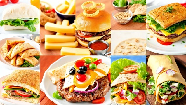 Collage of delicious fast food including burgers sandwiches wraps and french fries on a wooden table
