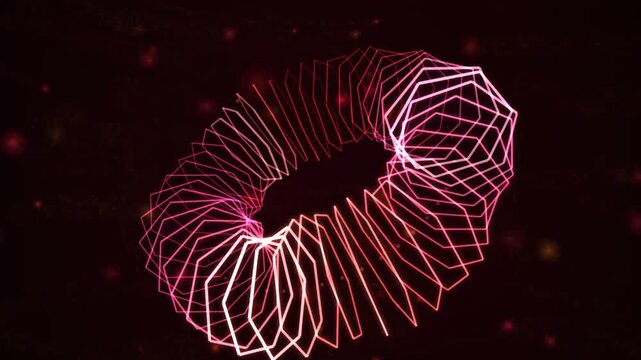 Neon pink geometric torus rotating in dark abstract space for motion background.