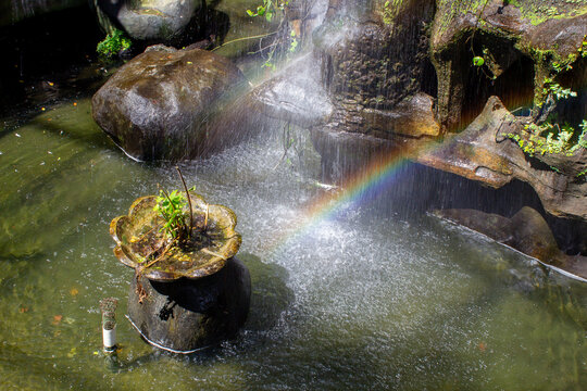 Rainbow in water mist at artificial garden waterfall pond.