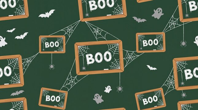 Seamless Halloween Pattern with Spooky BOO Chalkboards Spiderwebs and Ghosts