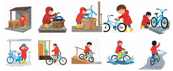 Fototapeta premium Child Receiving and Learning to Ride New Bicycle in Rainy Weather Illustration Set