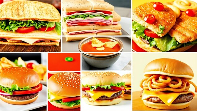 Collage of delicious fresh burgers and sandwiches with tomato soup