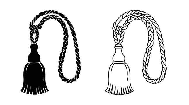 Decorative rope tassel with twisted cord and fringed end black silhouette