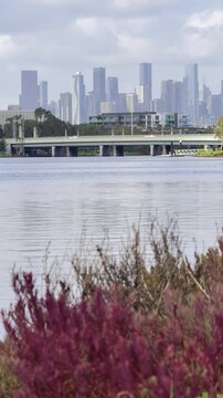 A panoramic view of Melbourne CBD skyscrapers and the slow-flowing Maribyrnong River, seen from Footscray Park, Victoria, Australia.