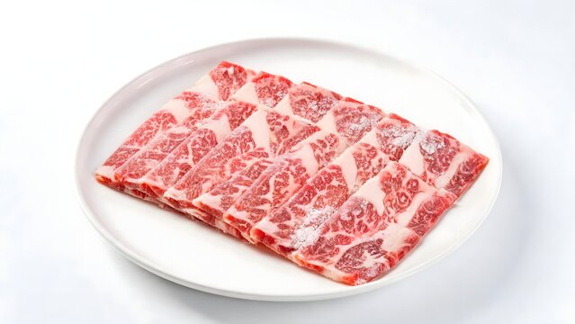 Thinly Sliced Highly Marbled Raw Beef on White Plate