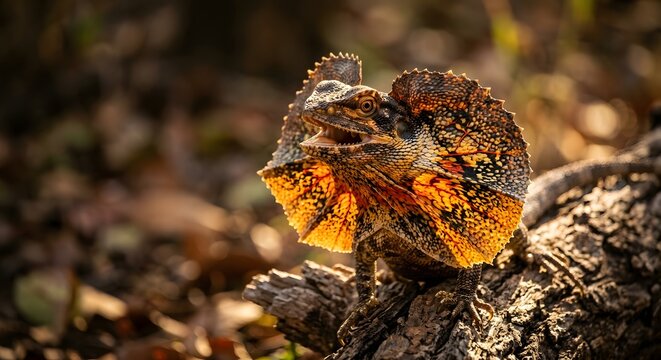 a frilled lizard with frill extended in warm golden light