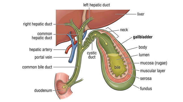 Anatomical Diagram of the Human Biliary System showing the Liver, Gallbladder, and Bile Ducts