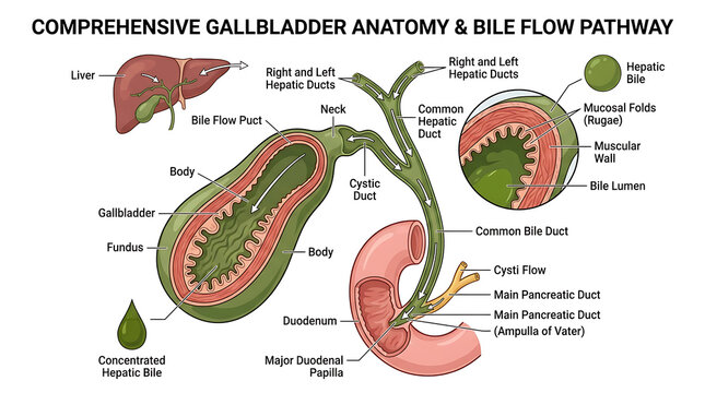 Detailed anatomical illustration of the human gallbladder, liver, and biliary system bile flow pathway