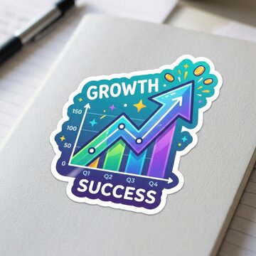 Growth success sticker with upward arrow chart on a notebook for business strategy concept
