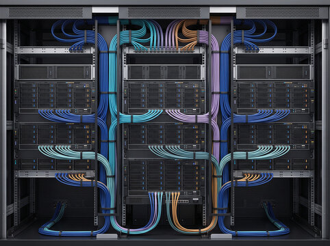 Data center server rack with illuminated fiber optic cables and network connections in high-density IT infrastructure