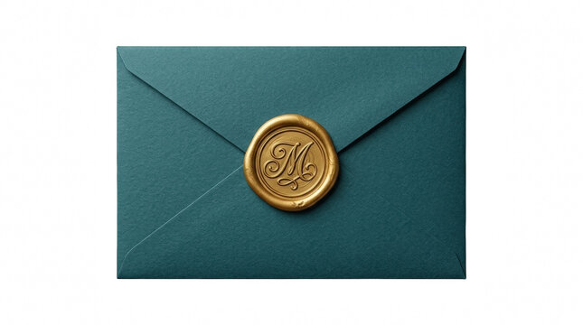 Dark green paper envelope sealed with a luxury golden wax stamp for a formal wedding invitation or secret message isolated on transparent background
