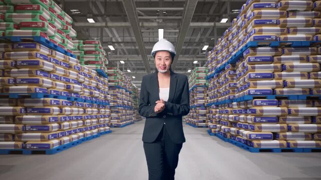 Front View of Asian Businesswoman Walking and Speech at Warehouse Stacked Cement Bags Pallets