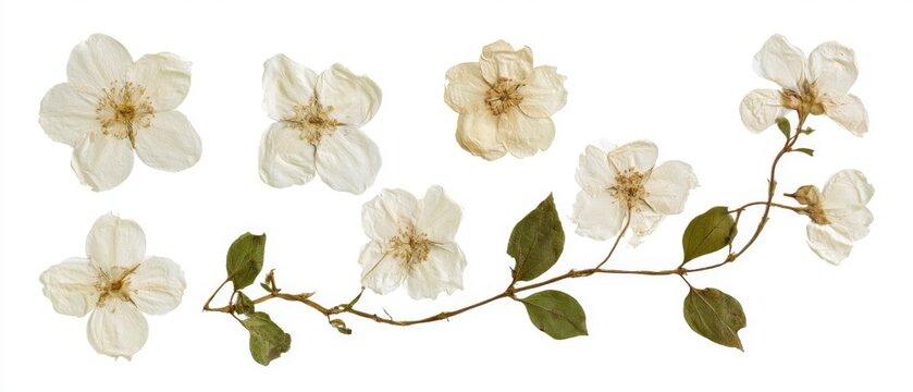 Set of pressed Jasmine (single and vine) (distinct from previous), delicate flowers and leaves, pure white background