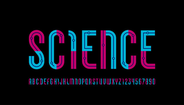 Logo font alphabet from segment dot and lines, letters A, B, C, D, E, F, G, H, I, J, K, L, M, N, O, P, Q, R, S, T, U, V, W, X, Y, Z and numerals 0, 1, 2, 3, 4, 5, 6, 7, 8, 9, vector illustration 10EPS
