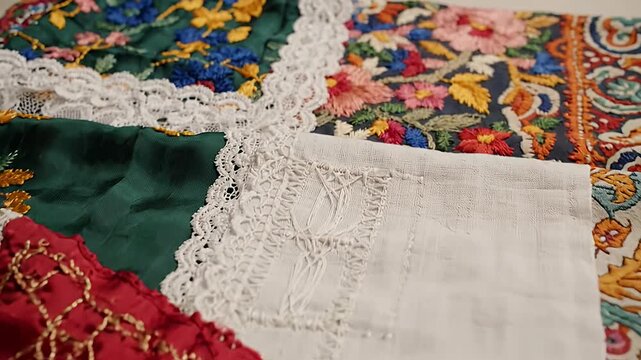 Traditional patchwork quilt with diverse fabric patterns and textures.