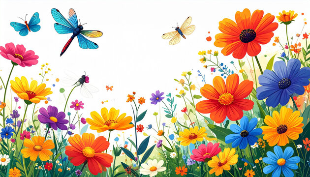Colorful Flowers and Dragonflies in a Vibrant Garden Scene