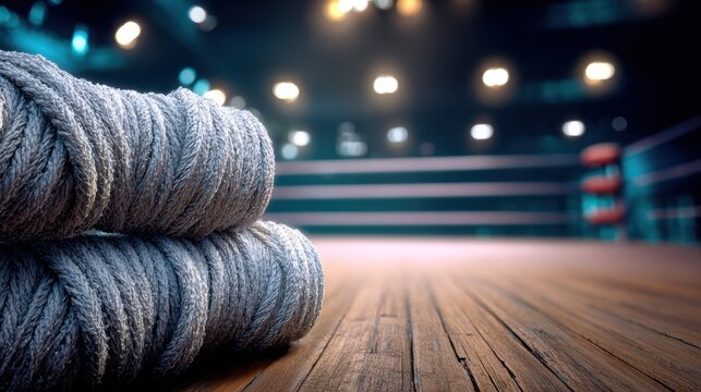 Neatly Rolled Boxing Hand Wraps on a Wooden Ring Floor with Soft Lighting