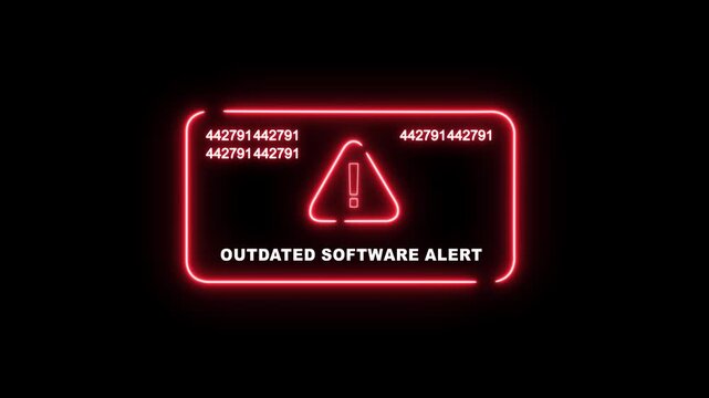 Glowing red neon outdated software alert notification warning sign with dynamic digital data code stream on a dark background, for cybersecurity, system, maintenance, and critical, technical error