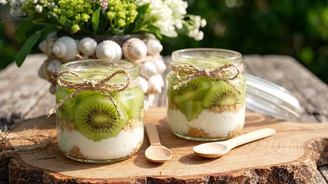 Two kiwi yogurt parfaits on wooden board.