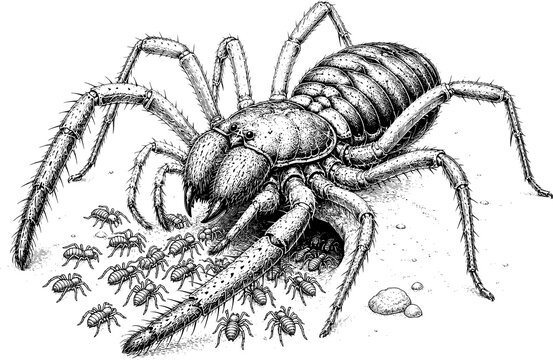 Detailed Camel Spider on Desert Ground Vintage Black and White Scientific Illustration