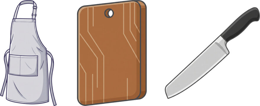 White apron, wooden cutting board, and chef knife cooking equipment vector illustration set