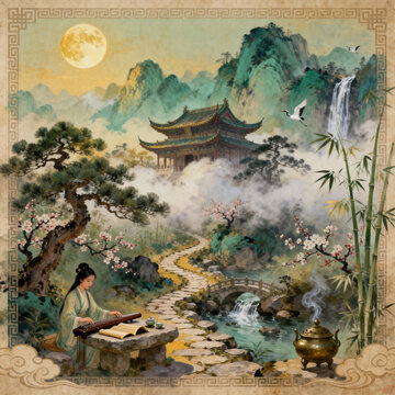 Ancient Chinese Lady Plays Guqin Under Full Moon