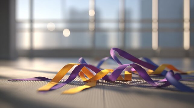 Graceful Gymnastics Ribbon Laid Out on Floor Mat with Soft Focus Background