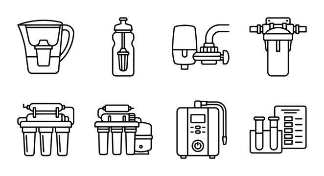 Water Filter Icons Set, Purification System Vector Graphics, Clean Drinking Water Equipment Collection