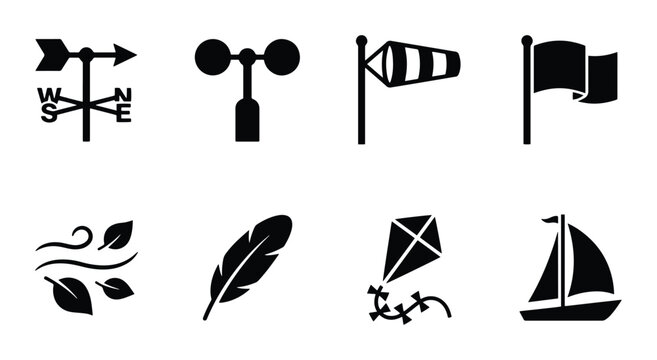 Weather Icons Set: Wind Vane, Anemometer, Wind Sock, Flag, Kite, Sailboat, Feather, Leaves
