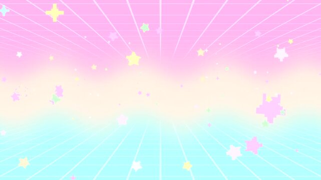 Soft pastel gradient synthwave with flying pixel stars and particles animation. (loop)