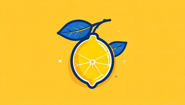 Stylized Lemon with Leaves on Bright Yellow Background