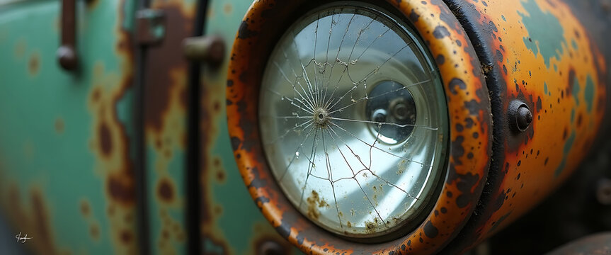 Rusted vintage car headlight with cracked glass and spider web detail closeup.