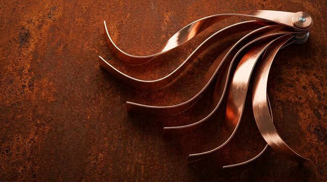 Elegant Abstract Design Of Sweeping Copper Metal Fan Blades On A Textured Bronze Background With Warm Highlights