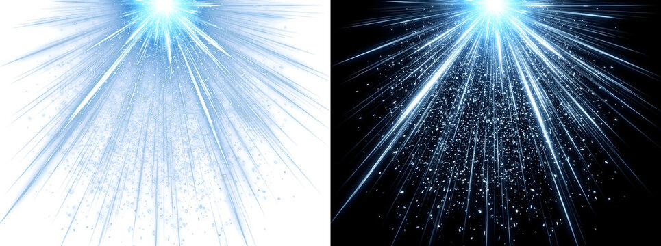 Blue light burst radiating sharp rays with sparkling particles exploding outward for futuristic technology theme designs presenting PNG, Transparent and Black Background Versions